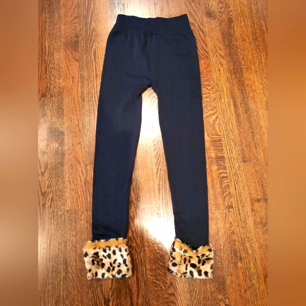 Connection 18 Black Fleece Lined Leggings with animal print cuffs size s/m